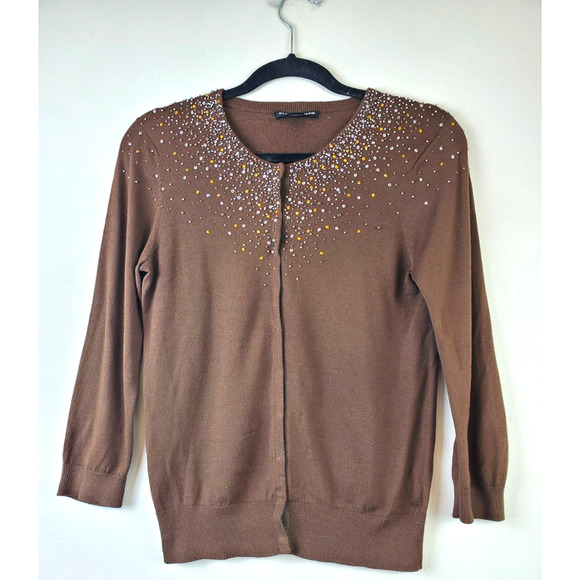 Club Monaco Womens Small Cardigan Sweater Beaded Neckline Silk Lightweight Brown - Picture 10 of 10